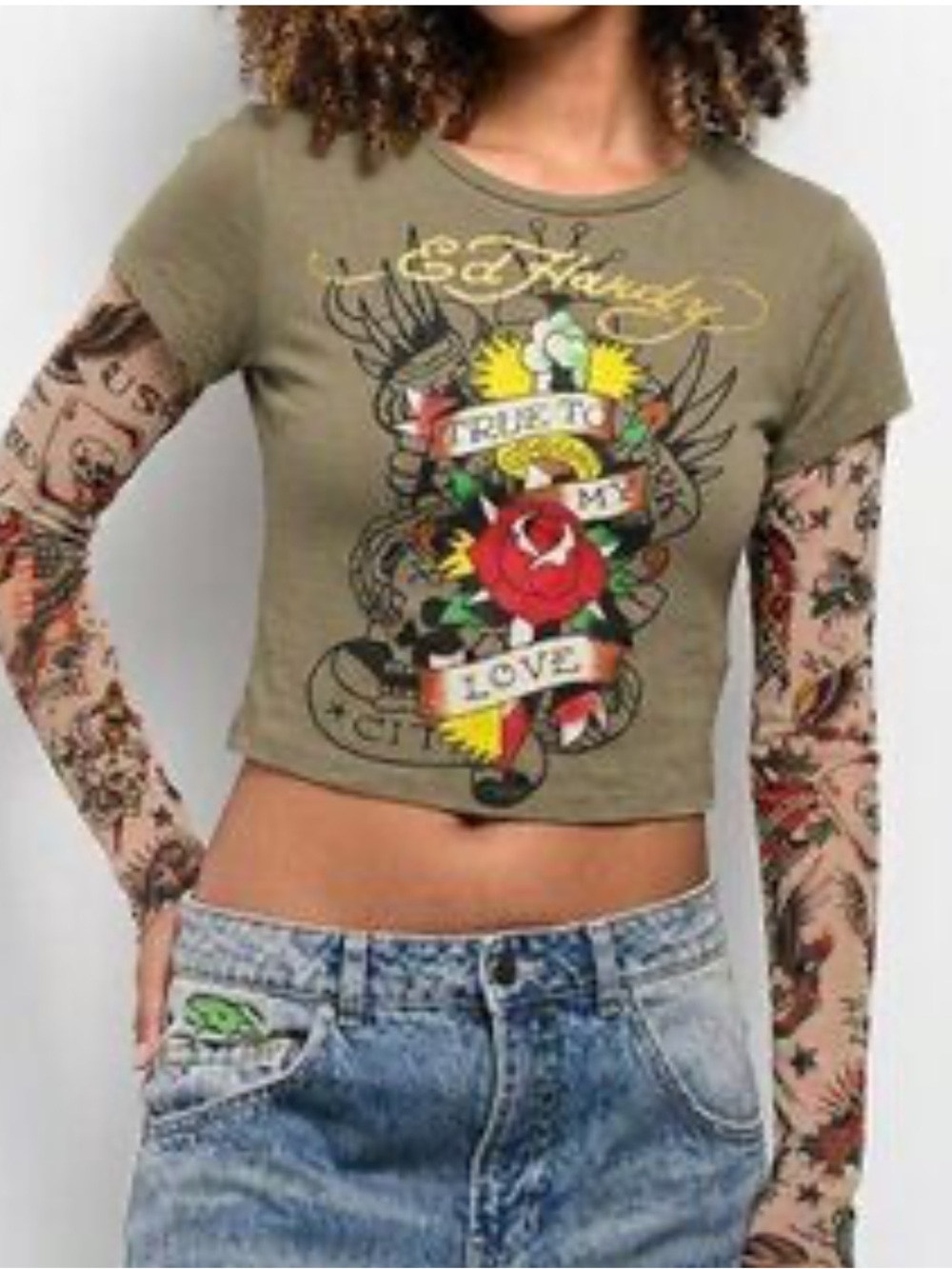 Ed Hardy Olive Cropped Graphic Long-printed sleeves